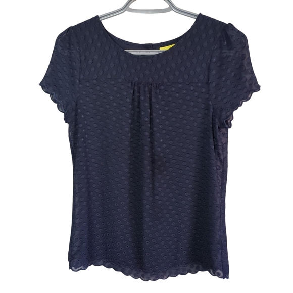 Maeve Anthropologie Blouse Top Swiss Dot Scallop Hem Sheer, Navy Blue, Size 0 - Picture 1 of 7